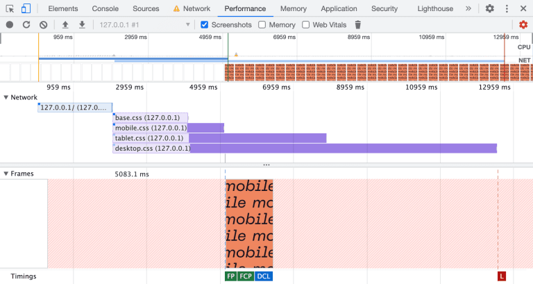 Screenshot from Chrome DevTools showing improvement of Core Web Vitals after implementing the approach proposed in the article.